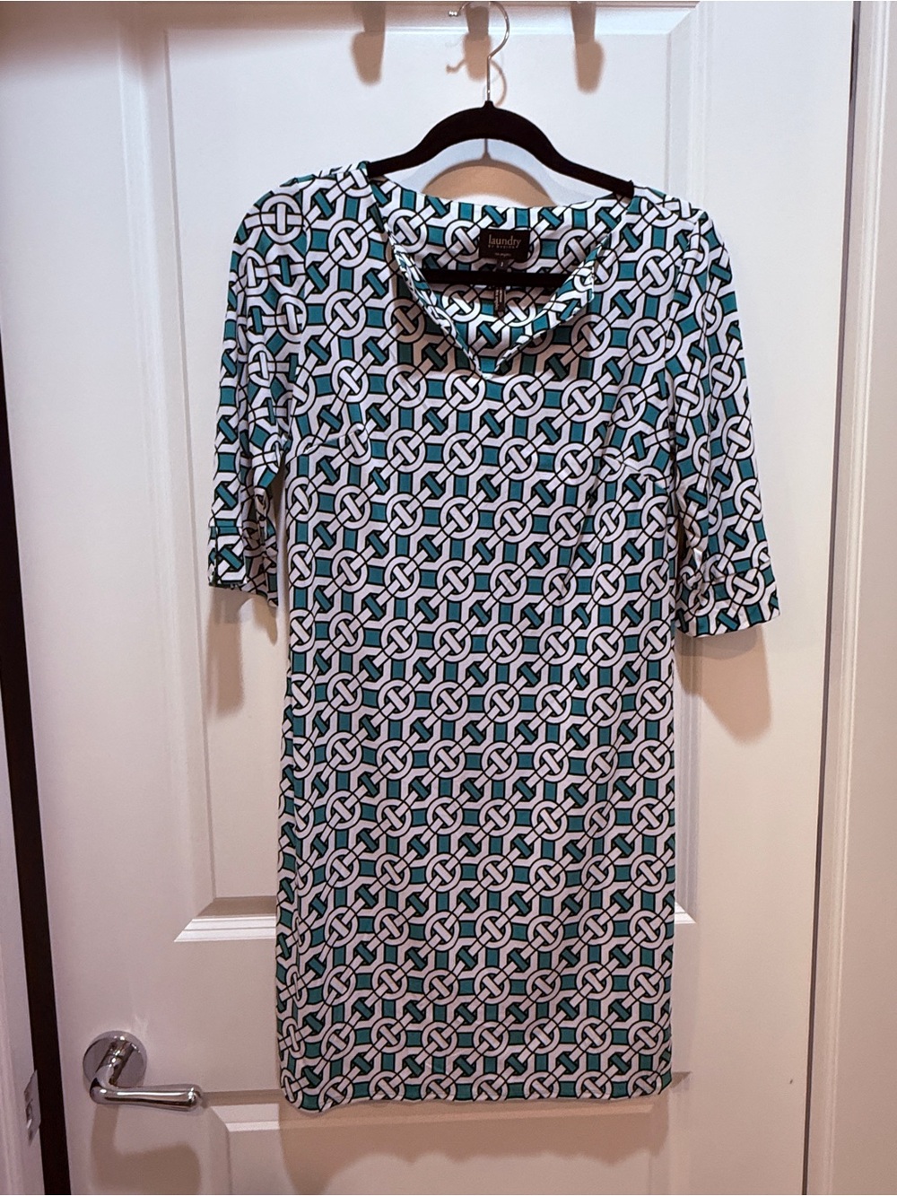Laundry by Design Teal and White Geometric Midi Dress